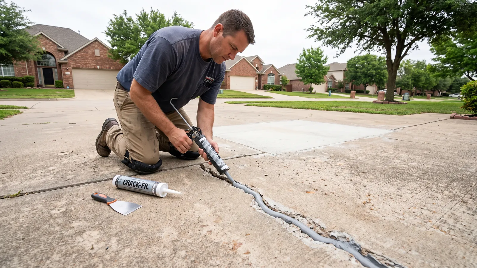 Worker routing and filling a long crack in a concrete driveway with spalled edges at a Kansas home, repair materials beside him