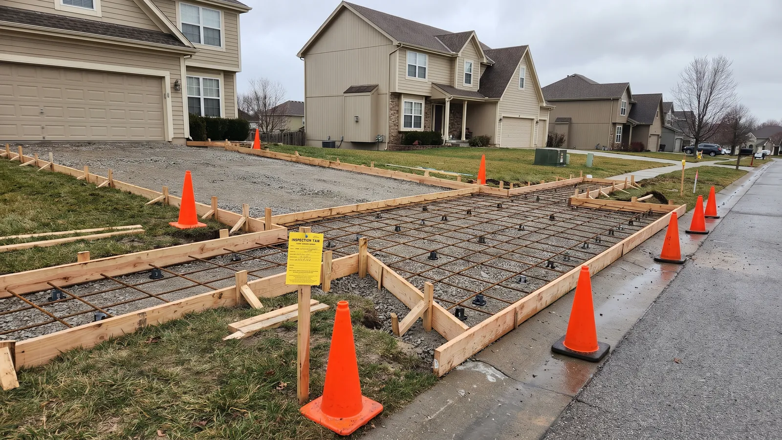 Wooden forms and rebar set for a new concrete driveway approach and sidewalk panel at the curb of an Olathe residential street, before the City's pre-pour inspection