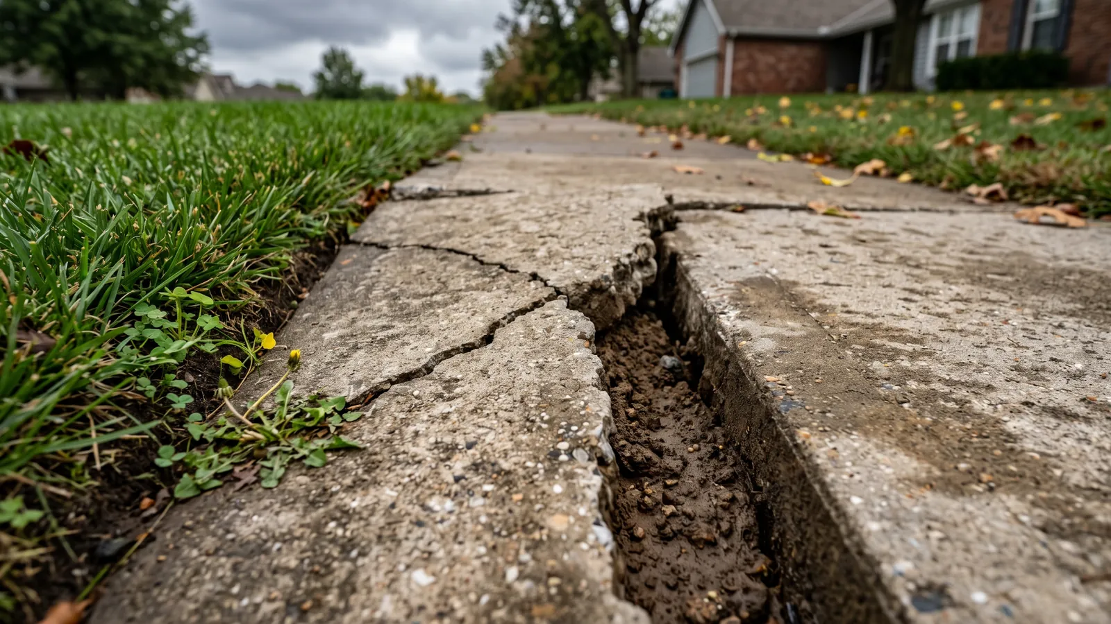 Close-up of a residential concrete sidewalk panel heaved and cracked by expansive clay soil in Kansas, with a wide gap at the joint and dark clay visible