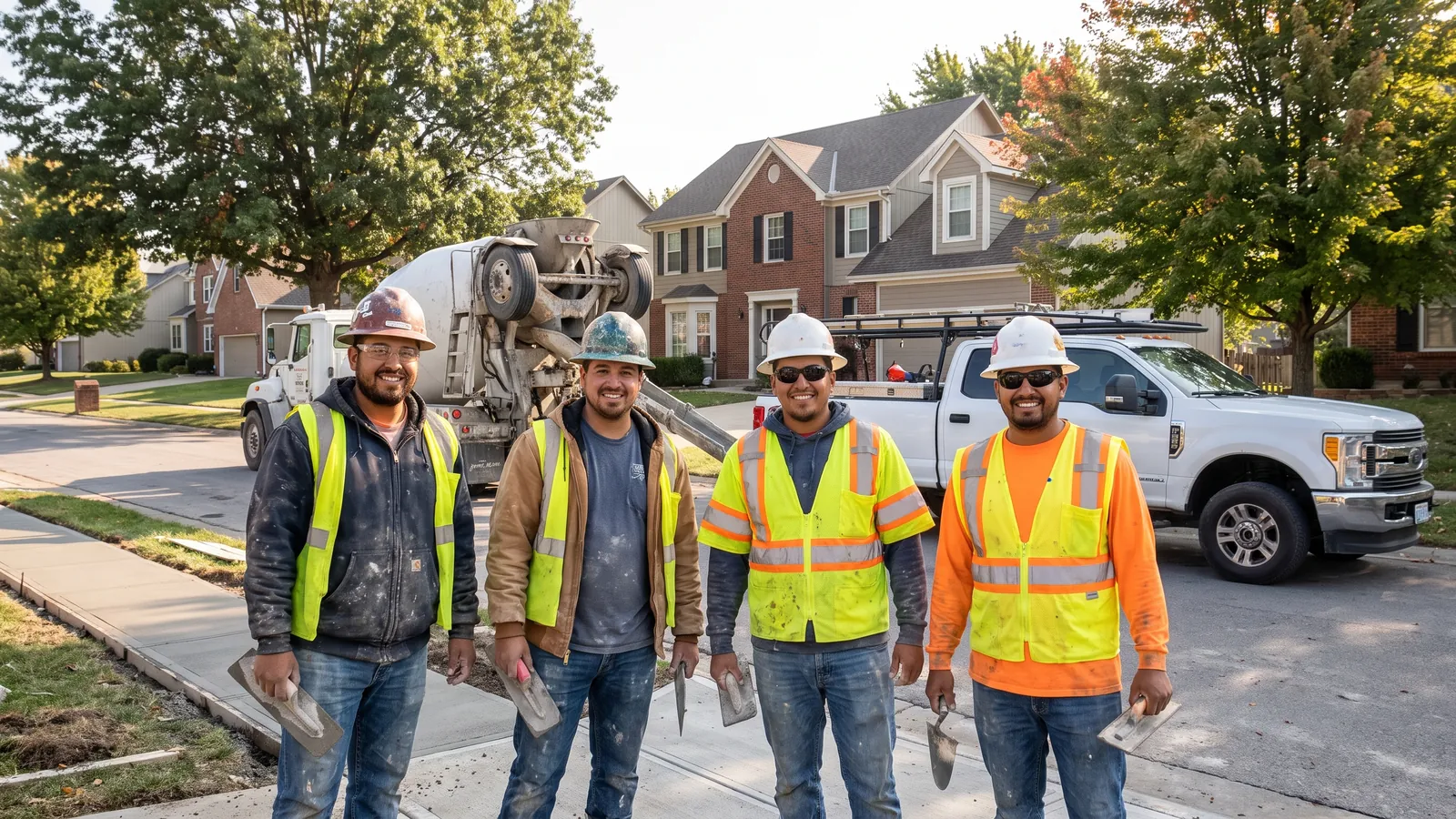 The Olathe Concrete Co. crew beside a ready-mix truck and a work pickup on a subdivision street in Olathe, Kansas