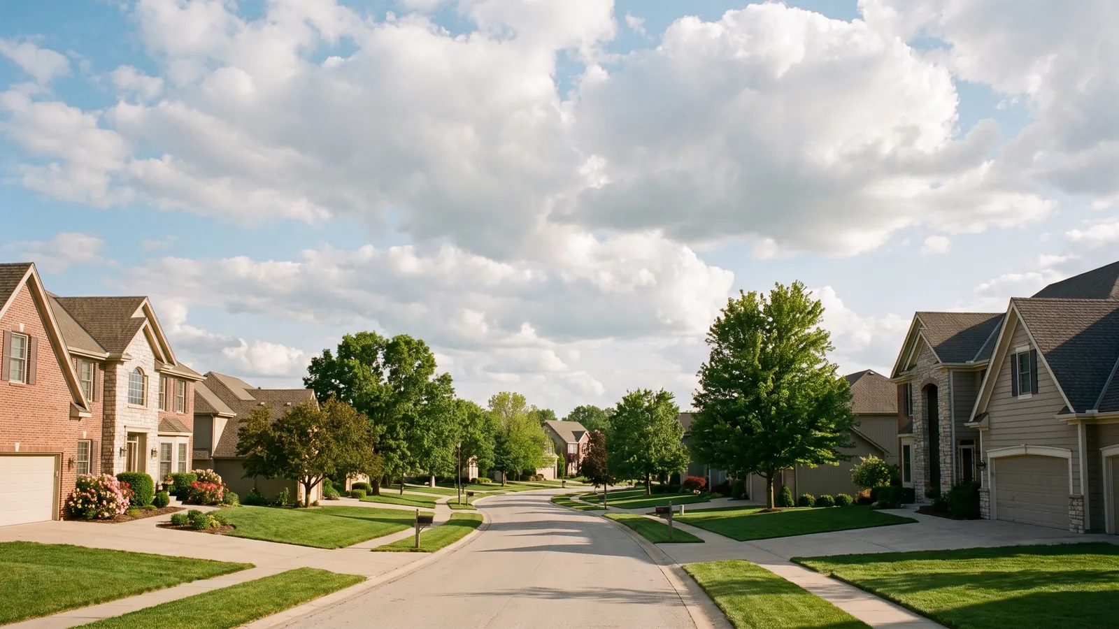 A tree-lined Olathe, Kansas subdivision street of 1990s and 2000s two-story homes with concrete driveways and sidewalks under a big prairie sky