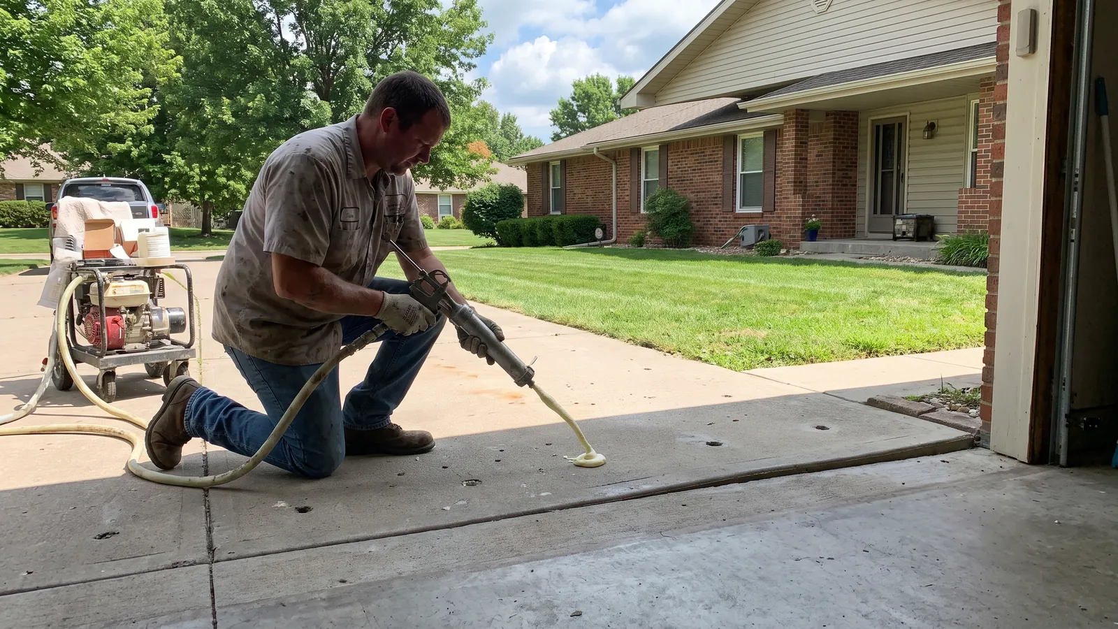 Technician pumping polyurethane foam through small drilled ports to lift a sunken concrete driveway panel at a garage door in an Olathe subdivision